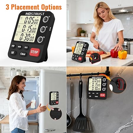 Dual 3-Channel Magnetic Kitchen Timer